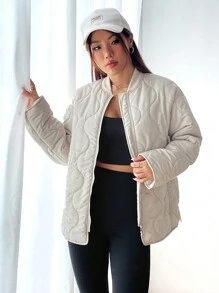 SHEIN EZwear Women's Solid Color Quilted Padded Coat - Light Grey - View 7