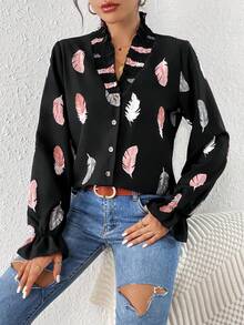SHEIN Frenchy 羽毛印花荷葉袖前紐扣襯衫 - 彩色 - 查看 4