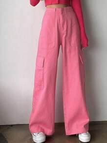 DAZY Solid Flap Pocket Side Wide Leg Pants - Pink - View 3