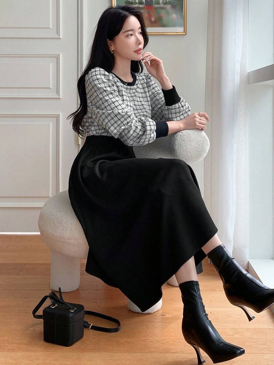 DAZY 格纹印花撞色绑带 A 字裙，秋季连衣裙长袖连衣裙