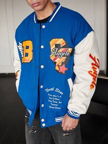 Manfinity Roghcode Abrigo acolchado de estilo universitario con bloqueo de color, gráfico con lema y ribete a rayas de corte holgado para hombre