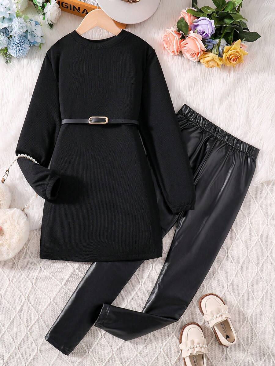 SHEIN Tween Girl Tricou solid și pantaloni din piele PU fără centură