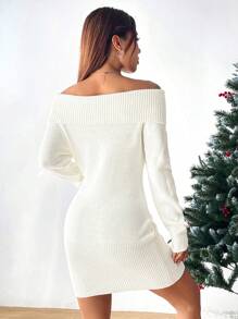 SHEIN EZwear 折邊一字肩帶扣細節毛衣洋裝 - 白色 - 查看 7