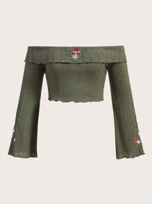 ROMWE Fairycore Talla grande Camiseta con bordado de seta de hombros descubiertos ribete en forma de lechuga - Verde - Ver 1