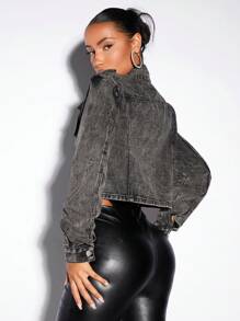 SHEIN BAE 翻蓋口袋短款牛仔夾克 - 灰色 - 查看 4