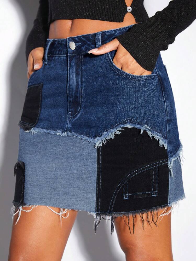 Colorblock Raw Hem Denim Skirt