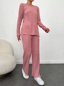 SHEIN Tall Two Pieces Casual Pant And Sweater Set - Lilac Purple - View 4