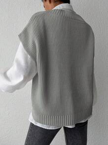 EURMUSE Chất rắn Cổ chữ V Áo len vest Không có áo sơ mi - Xám - Xem 2
