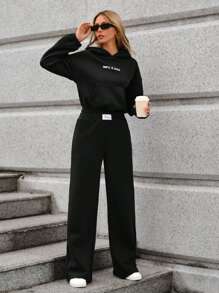EURMUSE Letter Graphic Drop Shoulder Hoodie & Sweatpants - Black - View 1