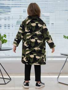SHEIN 女小童迷彩印花落肩袖搖粒絨外套 - 棕色 - 查看 2
