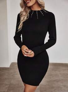 Chiquease Solid Mock Neck Pearls Beaded Bodycon Sweater Dress Without Belt - Black - View 3