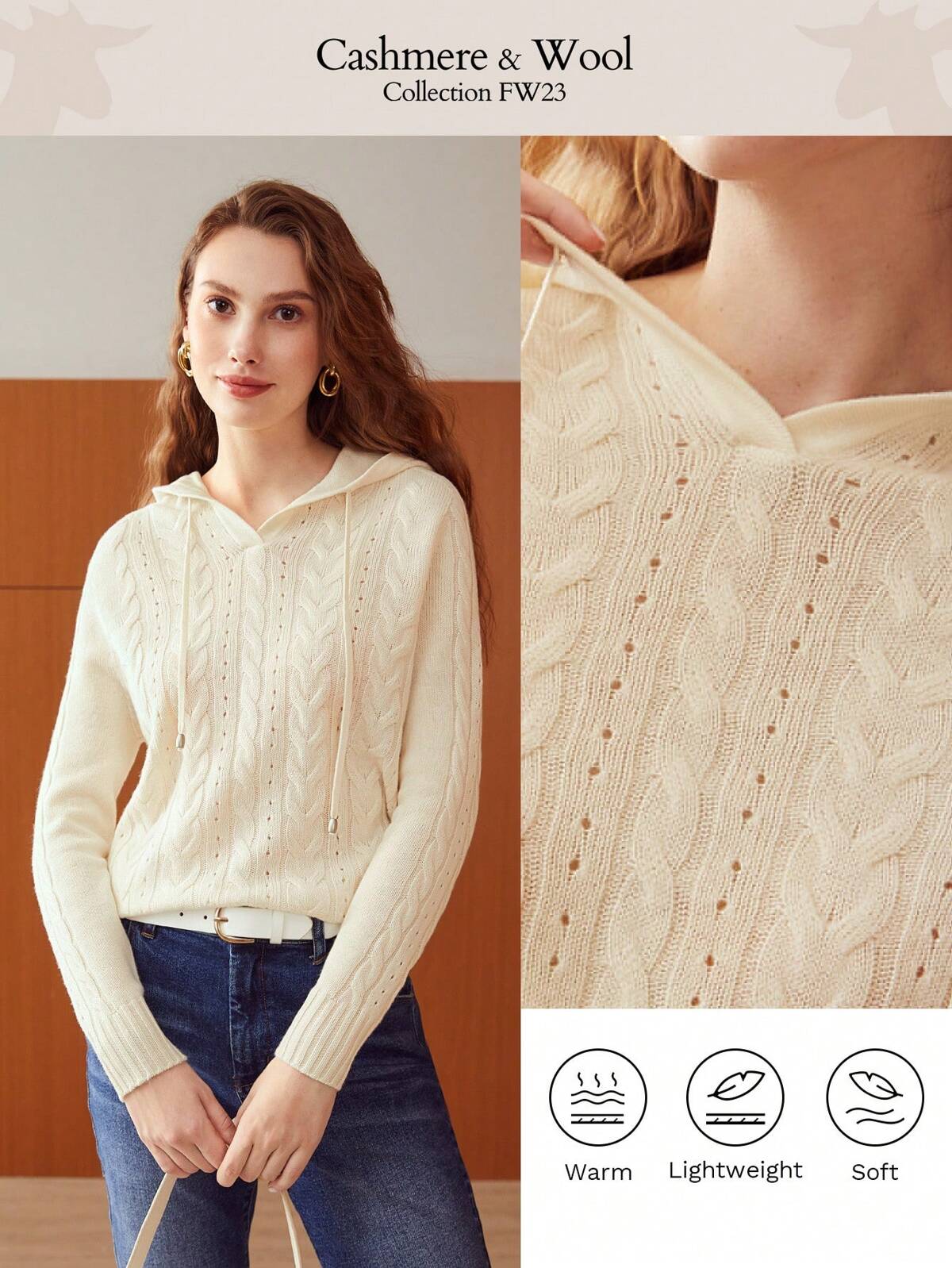 100 PURE WOOL CABLE KNIT HOODIE MOTF