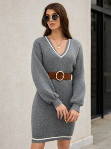 SHEIN Frenchy Striped Trim Drop Shoulder Sweater Dress Without Belt Winter Casual - Grey - View 3
