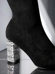 SHUZIA Minimalist Rhinestone Heeled Over The Knee Boots - Black - View 5