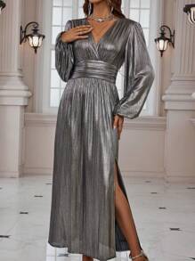SHEIN Clasi Đầm Maxi Kim Loại Cổ Tròn Tay Phồng Xẻ Đùi Kim Loại Trang Phục Nữ - Bạc - Xem 7