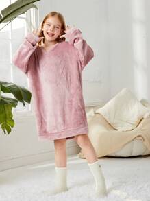 SHEIN Girls' Knitted Solid Color Plush V-neck Loose Mid-length Home Clothes - Pink - View 1