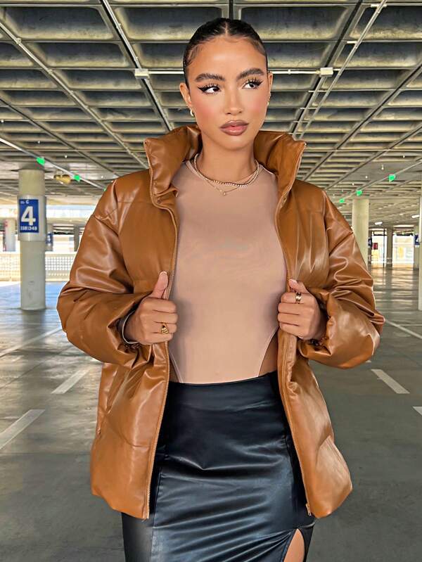 SHEIN SXY Brown Glossy Leather Women's Padded Coat For Parties, Winter Wear