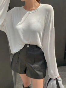 DAZY 闊腿皮革外觀短褲 - 黑色 - 查看 3