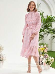 Enchnt 水溶蕾絲拼接刺繡荷葉邊洋裝 - 淺粉色 - 查看 5