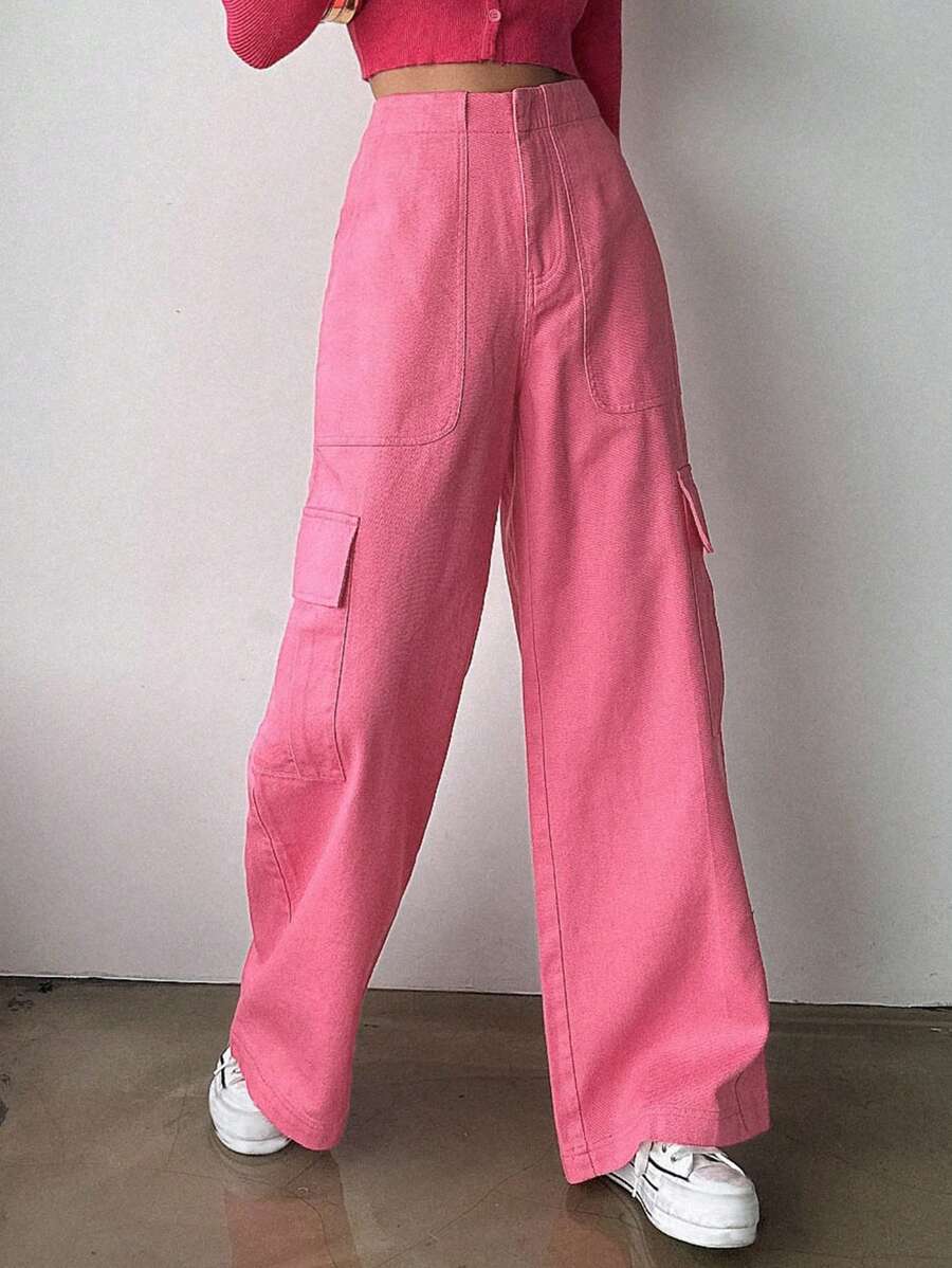 DAZY Solid Flap Pocket Side Wide Leg Pants - Pink - View 1