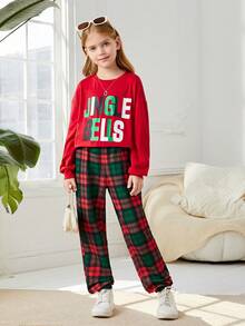 聖誕節 Tween 女孩字母圖案套頭衫和格子印花長褲 - 紅色 - 查看 5