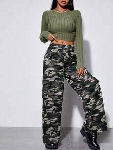 SHEIN PETITE Solid Crop Tee & Camo Print Wide Leg Pants - Army Green - View 6