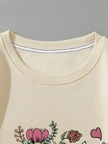 SHEIN LUNE Book & Floral Print Thermal Pullover - Apricot - View 3