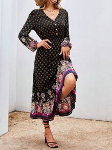 SHEIN VCAY Vestido con estampado de manga farol bajo con fruncido - Multicolor - Ver 2