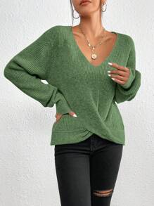 SHEIN Frenchy 前扭結落肩袖套頭毛衣 - 綠色 - 查看 5
