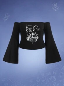 Corpse Bride | ROMWE Plus Cartoon & Letter Graphic Off Shoulder Tee - Black - View 1