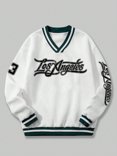 Prep Sudadera térmica con gráfico de letras y ribete a rayas para baloncesto, para escuela, para otoño e invierno