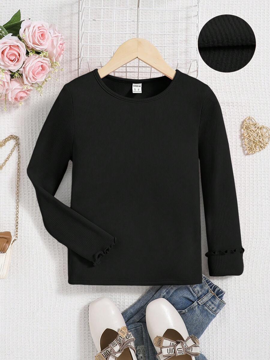 SHEIN 青少女針織純色長袖圓領t恤,飄帶袖口和下擺,非常適合度假 - 黑色 - 查看 1