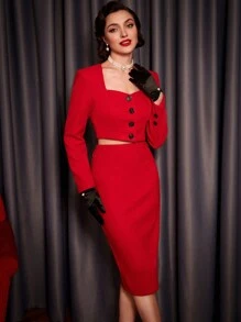 Vintamour 2pcs/Set Vintage Elegant Ladies Sweetheart Neck Long Sleeve Single-Breasted Blouse And Midi Skirt Set, Christmas - Red - View 1