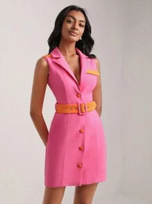 Jhamilee Rose Button Front Belted Shirt Dress - Hot Pink - View 3