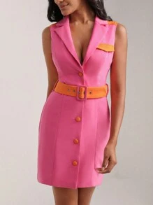 Jhamilee Rose Button Front Belted Shirt Dress - Hot Pink - View 4