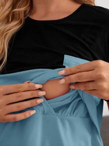 SHEIN Maternity Striped Print Colorblock Patched Pocket Nursing Detail Tee - Blue - View 4