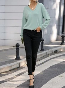 SHEIN LUNE Solid Drop Shoulder V Neck Sweatshirt - Green - View 4