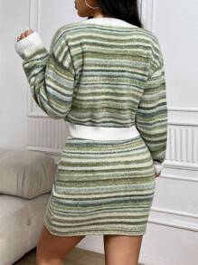 SHEIN Unity Striped & Letter Pattern Drop Shoulder Cardigan & Knit Skirt Fall Cloth For Women - Multicolor - View 2