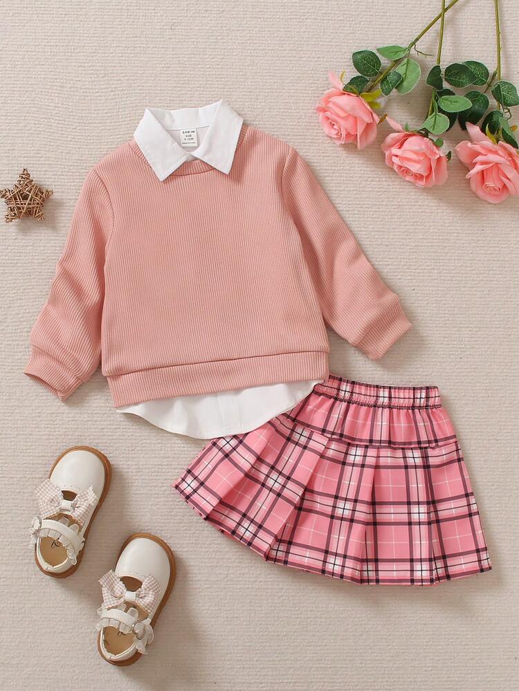 Baby Girl Solid Sweatshirt & Shirt & Plaid Print Pleated Skirt