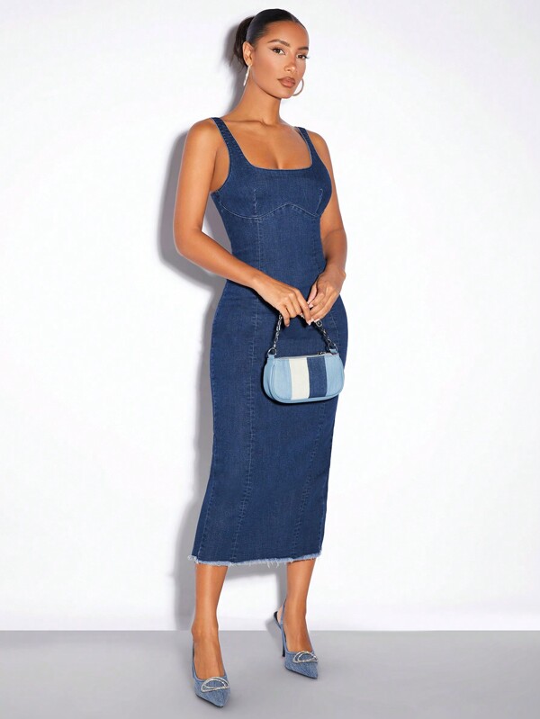 SHEIN BAE Rochie sexy din denim, strâns, cu tiv uzat și design despicat pentru femei