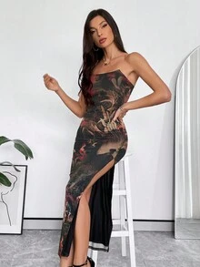 SHEIN Privé Floral Print Split Thigh Tube Bodycon Dress - Multicolor - View 4