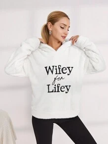 RueChic Letter Embroidery Drop Shoulder Hoodie - White - View 5