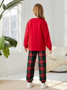 聖誕節 Tween 女孩字母圖案套頭衫和格子印花長褲 - 紅色 - 查看 2