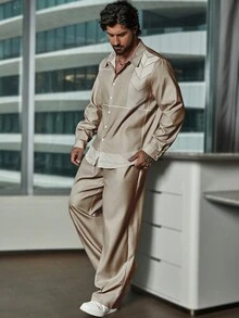 Manfinity Homme Hombres talla grande Camisa unicolor con botón con pantalones - Caqui - Ver 3