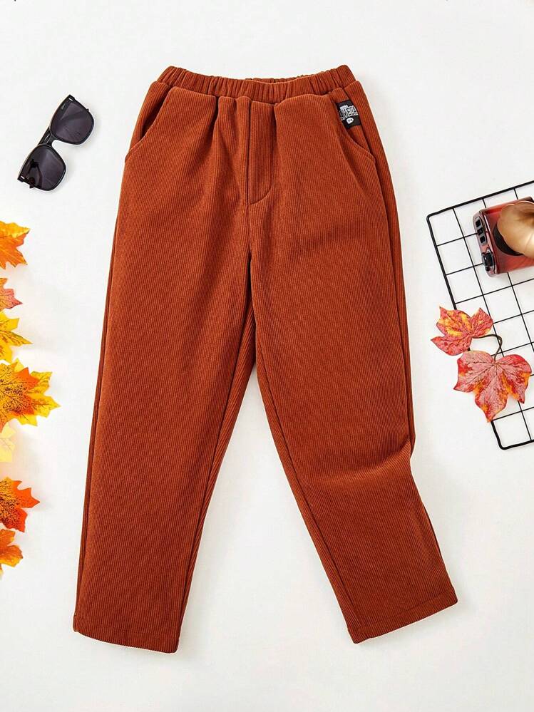 SHEIN Chica preadolescente Pantalones con parche de letra con forro térmico - Rojo violeta - Añade 3