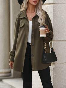 SHEIN LUNE Flap Detail Drop Shoulder Suedette Coat - Army Green - View 6