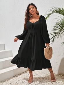 SHEIN VCAY 大碼雞心領口燈籠袖荷葉邊洋裝 - 黑色 - 查看 4