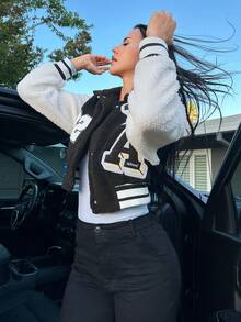 SHEIN Unity Letter Patched Two Tone Drop Shoulder Crop Jacket - Black - View 4