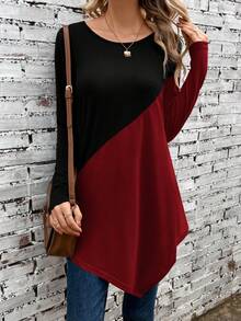 SHEIN LUNE Hai âm Viền không đối xứng Áo thun - Màu Đỏ Sâu - Xem 3