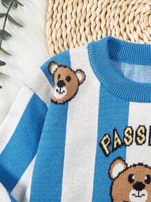 SHEIN Young Boy Bear & Letter Pattern Colorblock Sweater - Blue - View 4